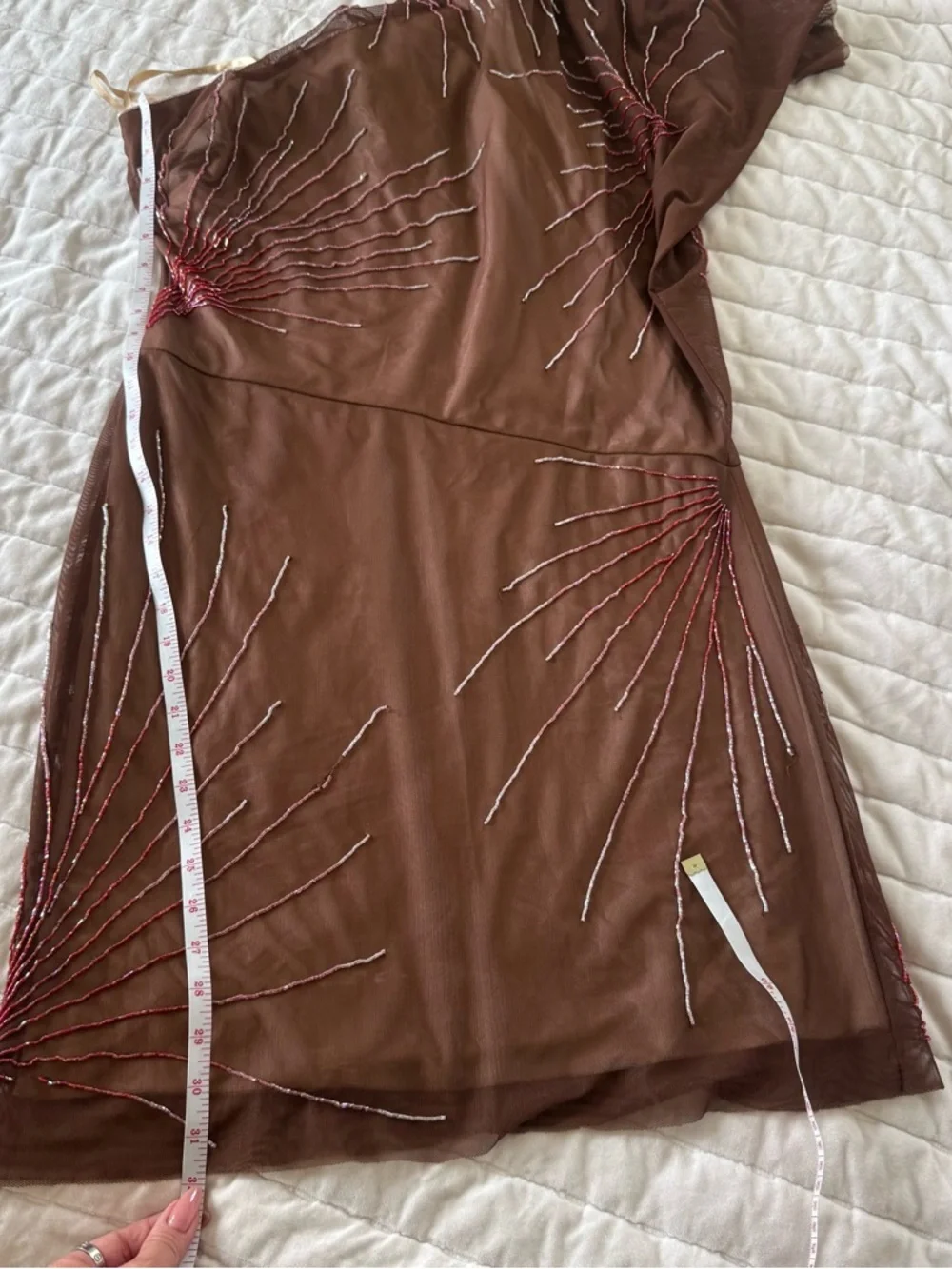 BCBG maxazria rare Y2K 90s brown one shoulder dress beaded stretchy Size M - Picture 9 of 9